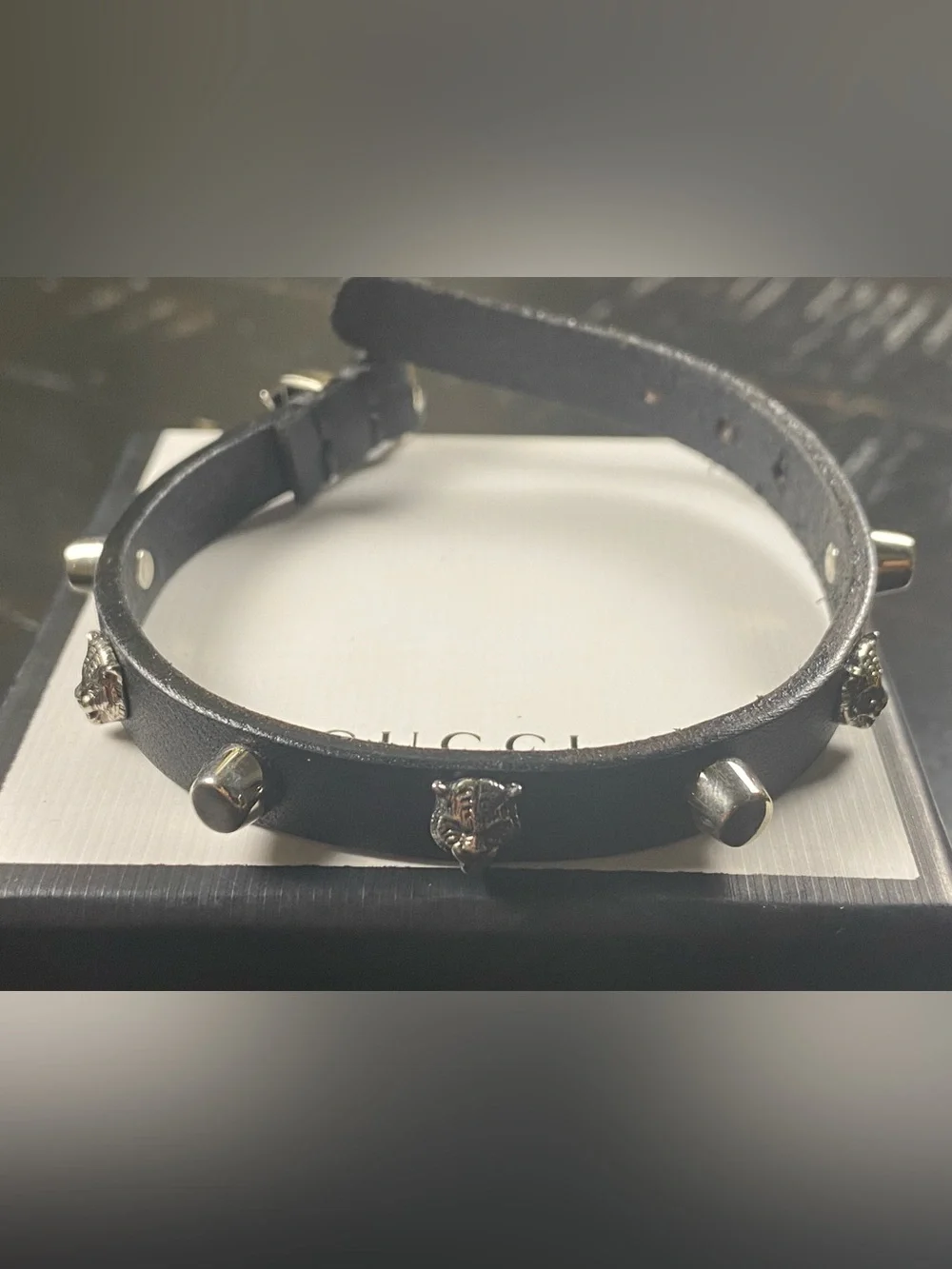 Gucci Black Leather Studded Bracelet with Silver-tone Emblems